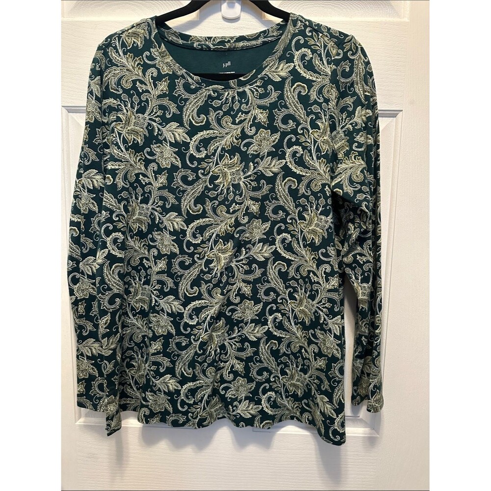 J. Jill Green Paisley Long Sleeve Pima Crew Neck Tee Size Large